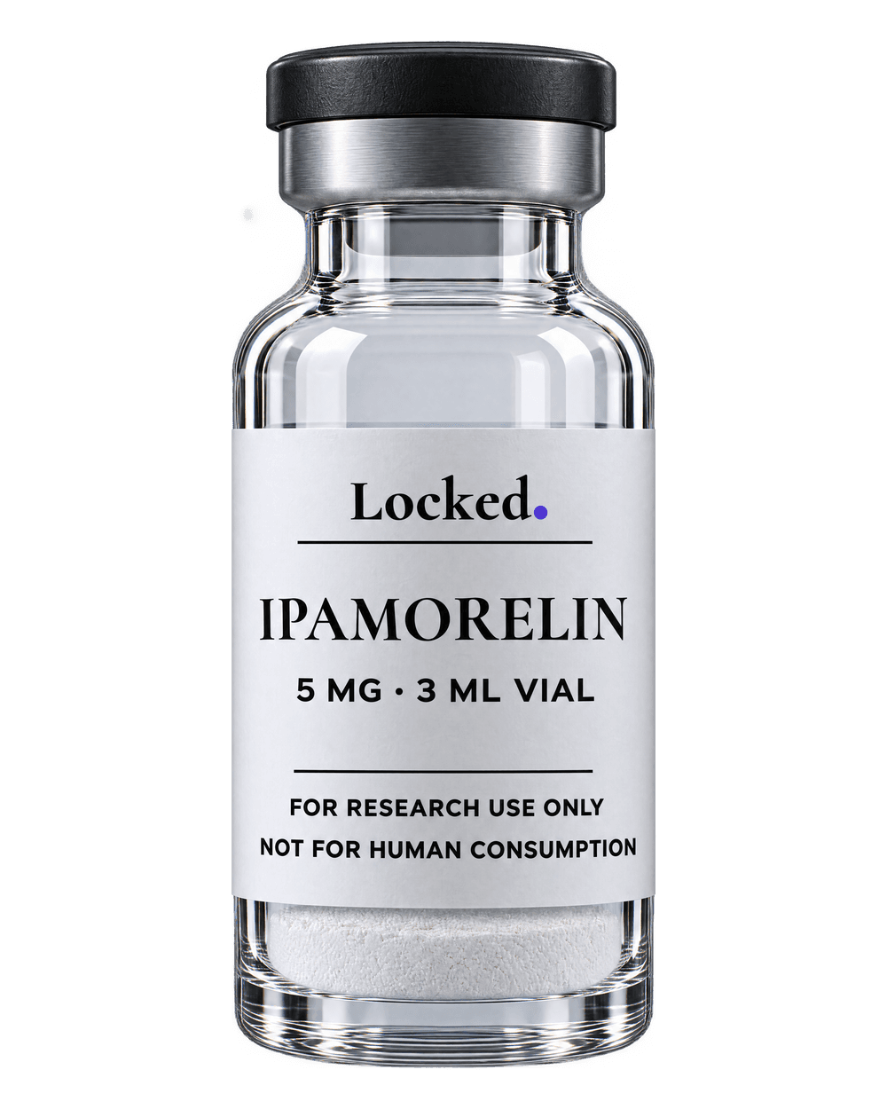 Ipamorelin 5 mg in a sealed clear glass Locked vial